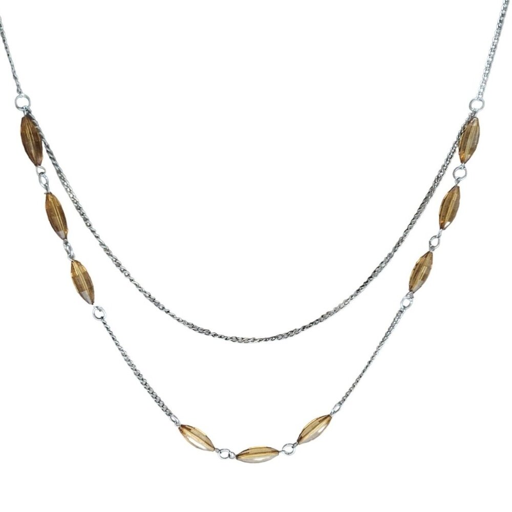 Elegant Brown Beaded Silver Tone Chain Multi Strand Necklace Fashion Jewelry